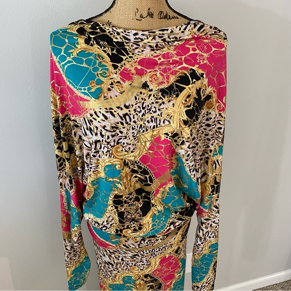 Colorful Animal Print Long Stretchy Open Back Maxi Dress Long Sleeves Size L - Picture 4 of 7